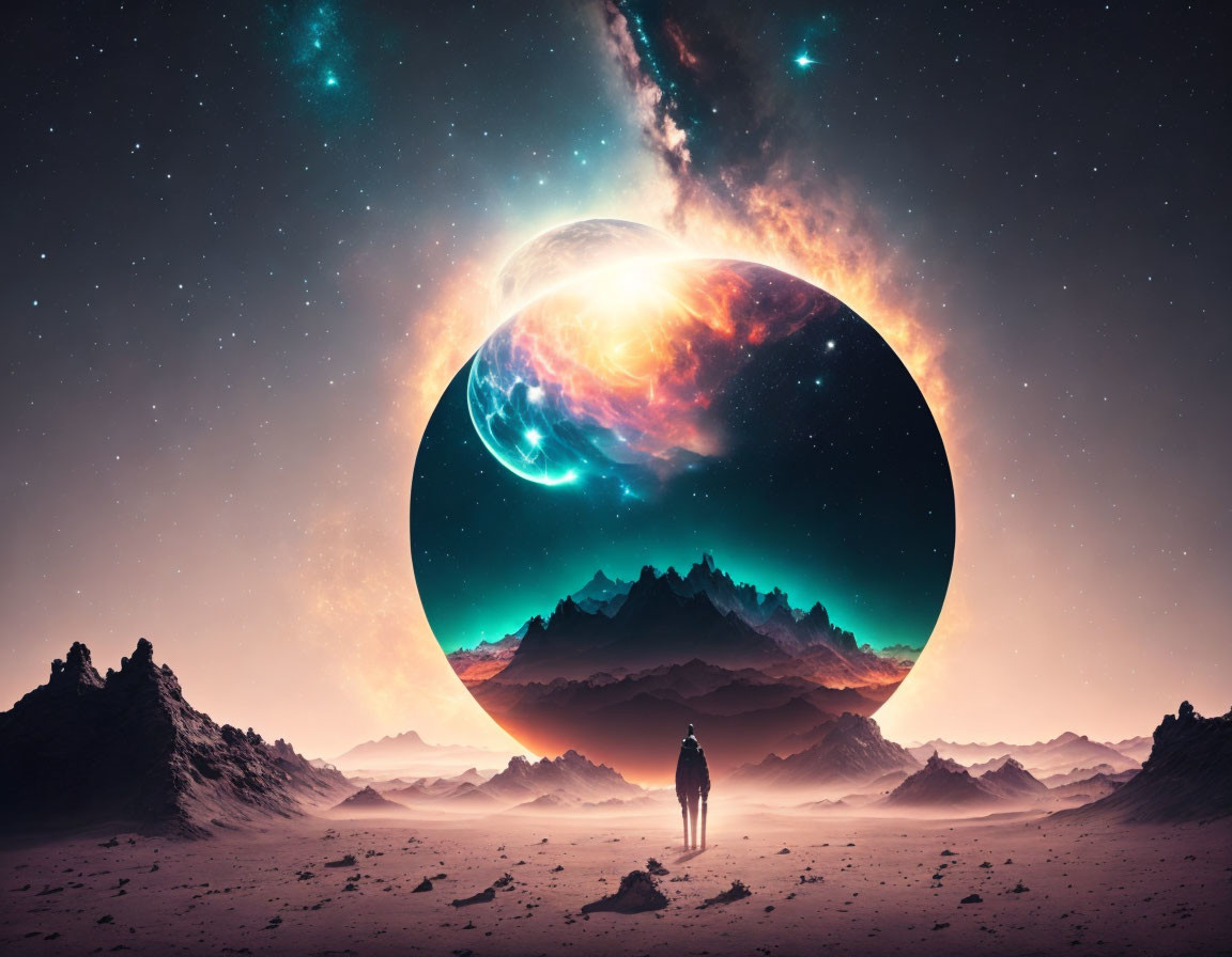 Solitary figure in barren landscape gazes at celestial orb with vibrant cosmic scene.