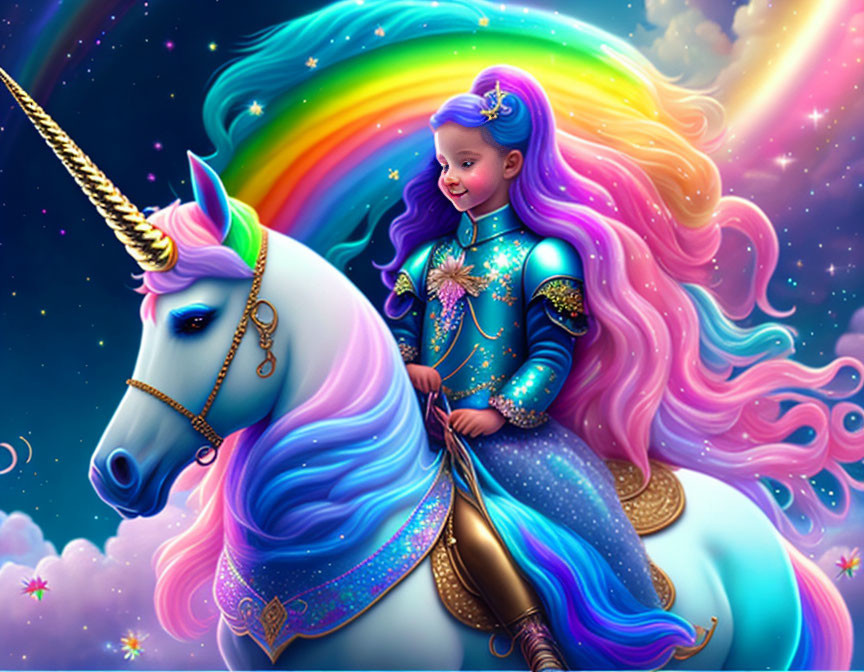 Colorful artwork: Girl with rainbow hair on white unicorn under starlit sky