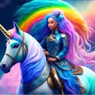 Colorful artwork: Girl with rainbow hair on white unicorn under starlit sky