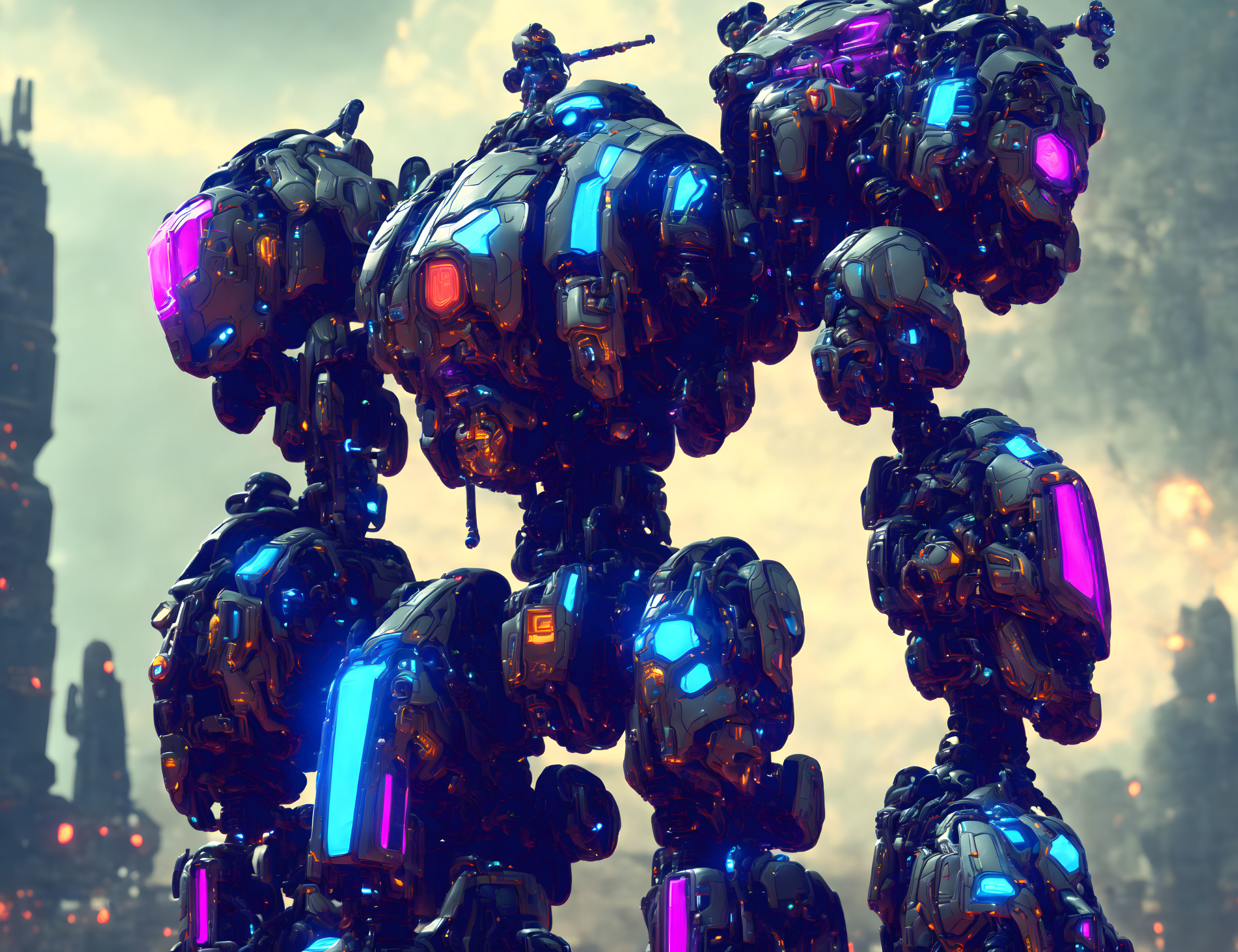 Futuristic robots with blue and purple illumination in smoky dystopian setting