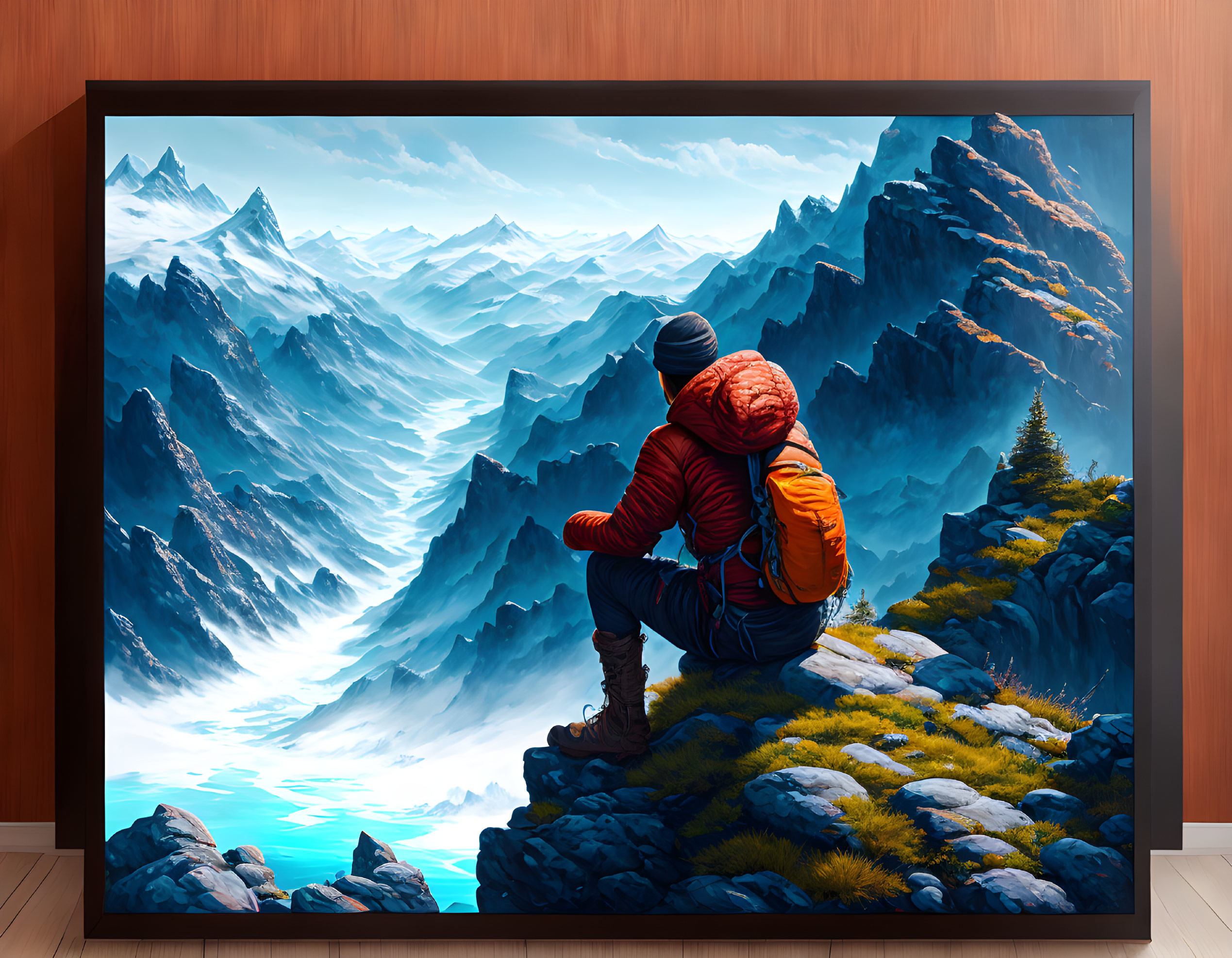 Person in outdoor attire admires vivid blue mountain range from rock ledge