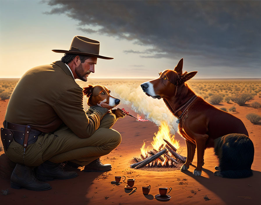 Man with dogs by desert campfire at sunset with coffee cups