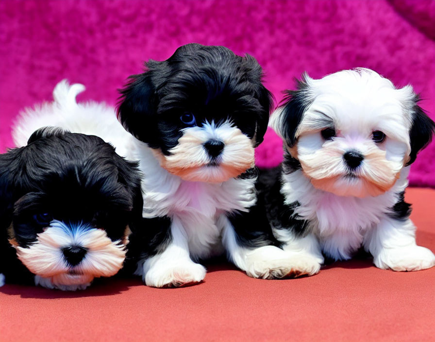 Three Black and White Shih Tzu Puppies on Pink Background