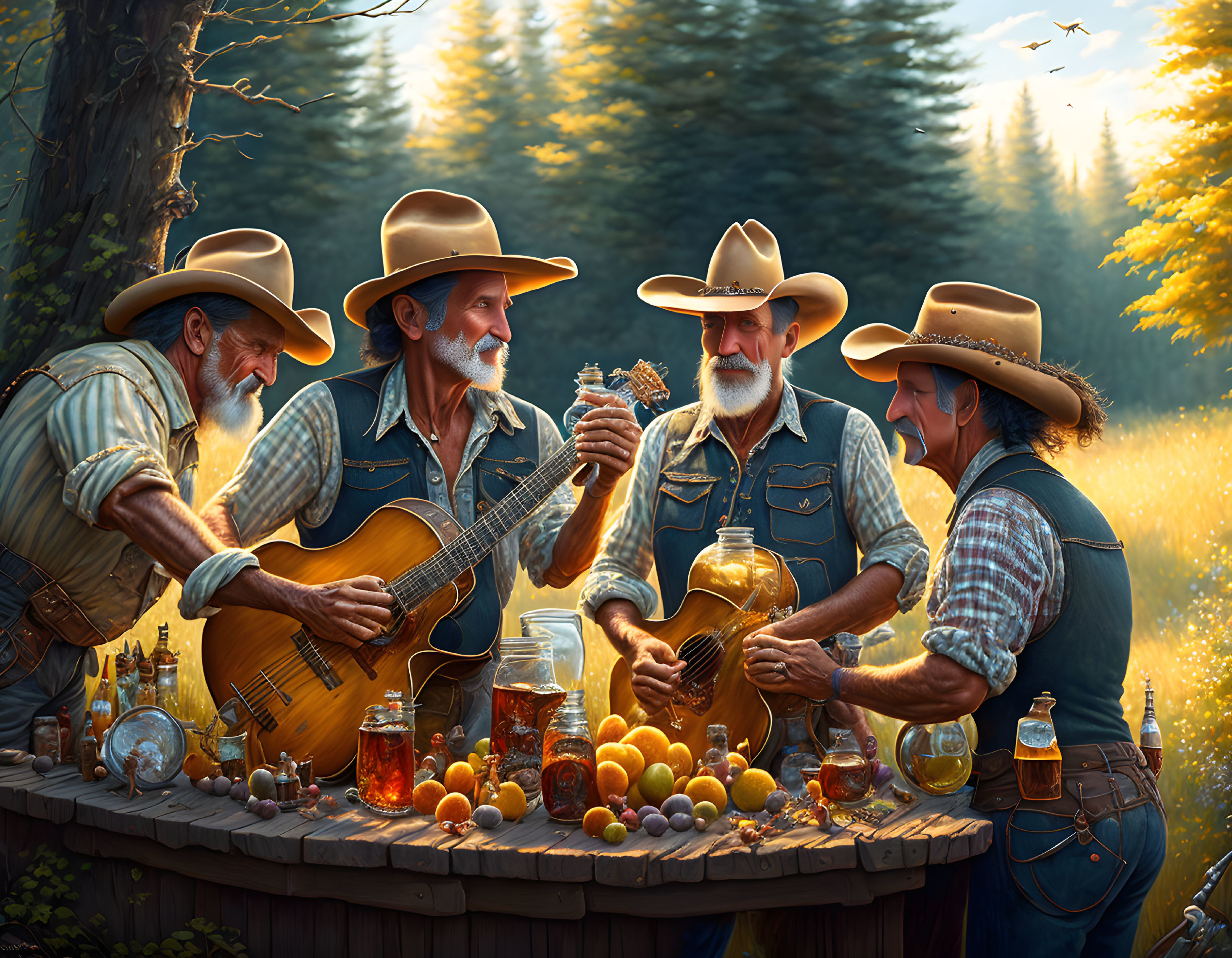 Four animated cowboys socialize around a table in the woods playing guitar, surrounded by jars of preserves