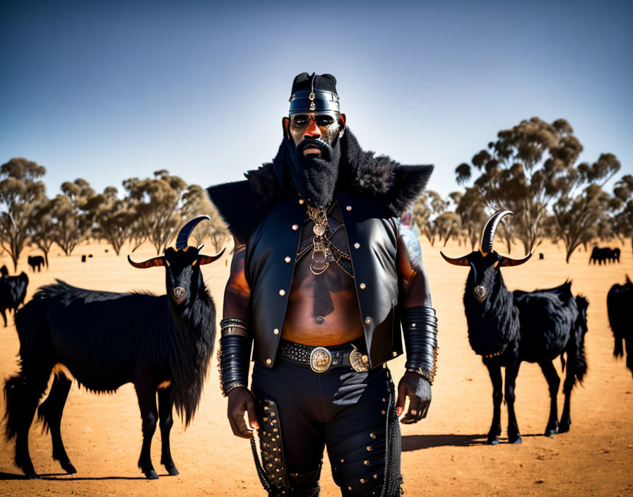 Stylized man in leather vest with goats in desert