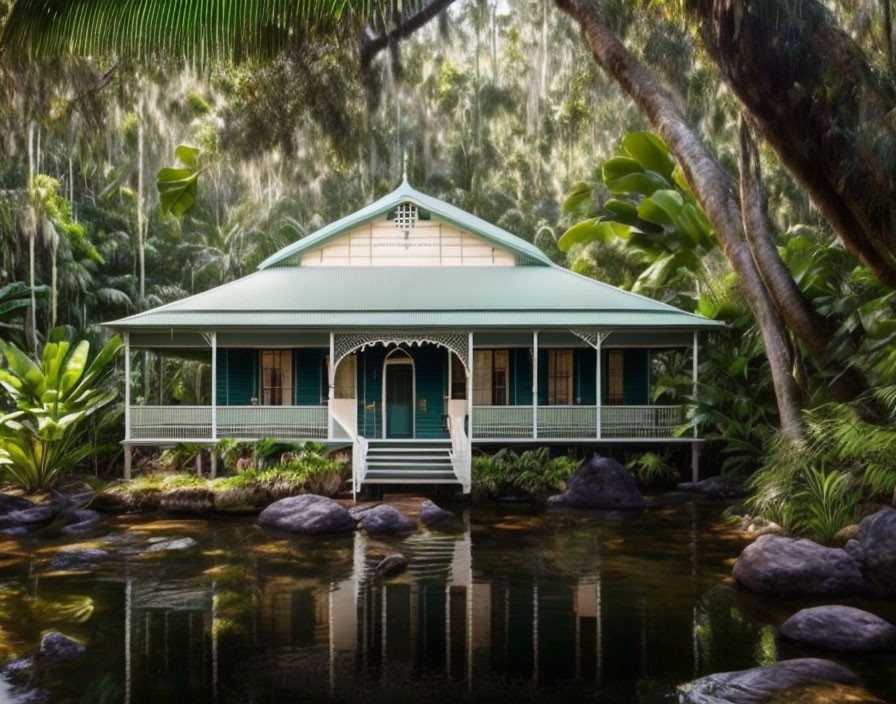 Traditional House with Veranda Surrounded by Forest, Reflected in Pond