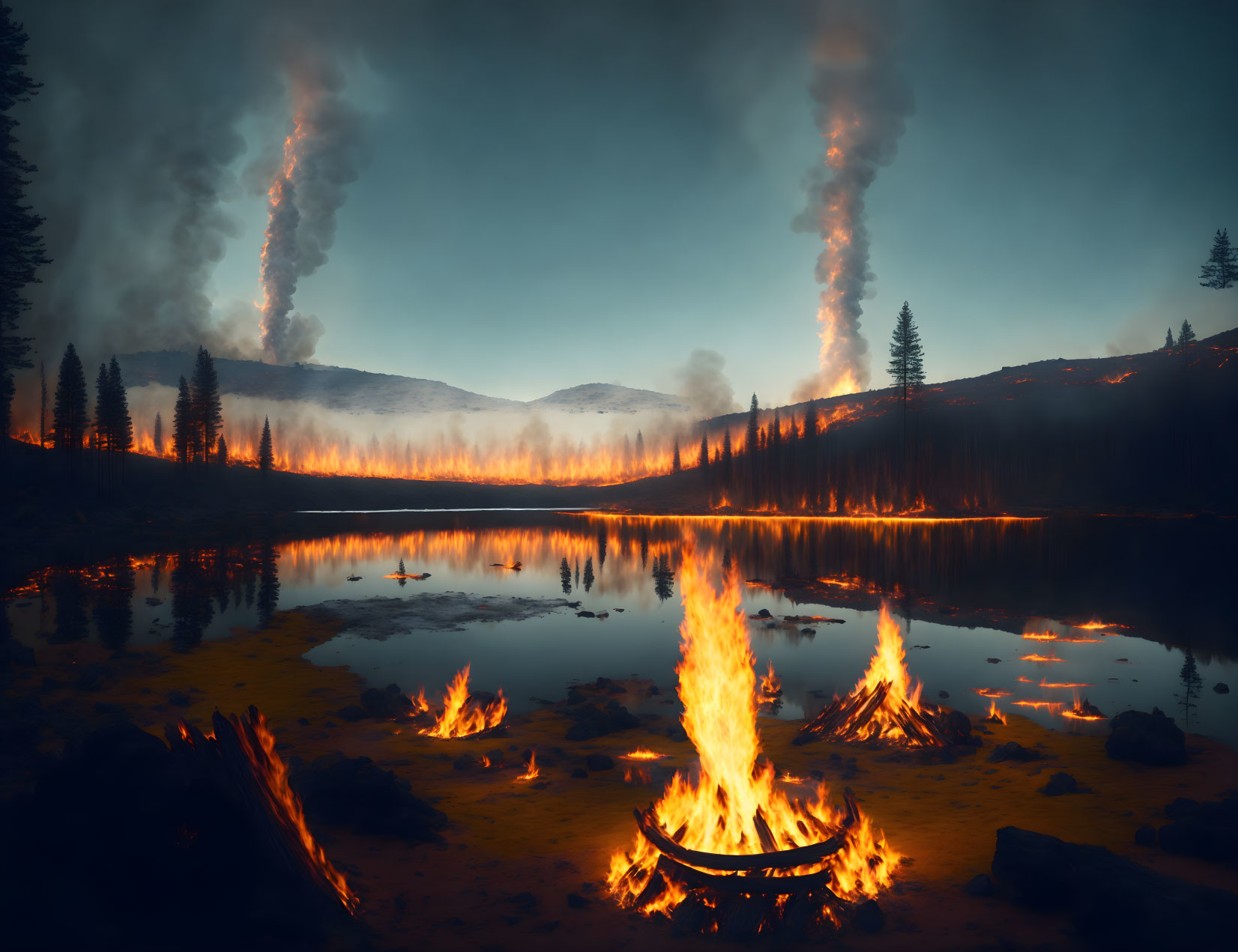 Forest fires reflected in serene lake at dusk