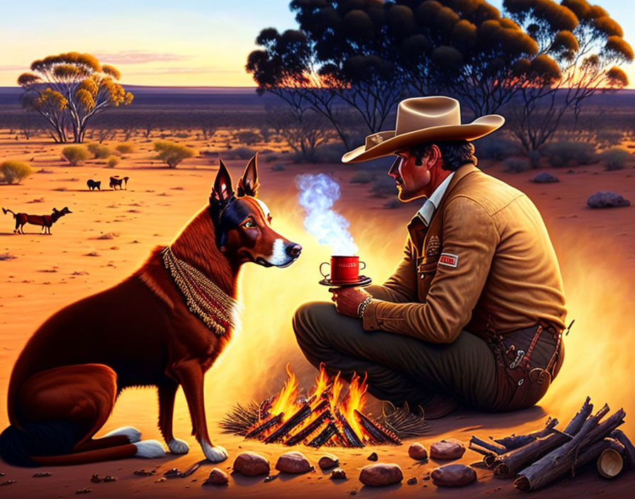 Man in cowboy hat with dog by campfire in desert at dusk cattle grazing