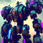 Futuristic robots with blue and purple illumination in smoky dystopian setting