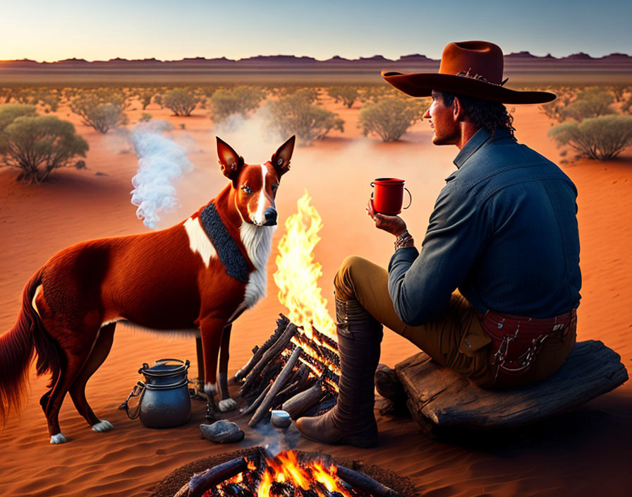 Cowboy with hat sitting by desert campfire with dog nearby