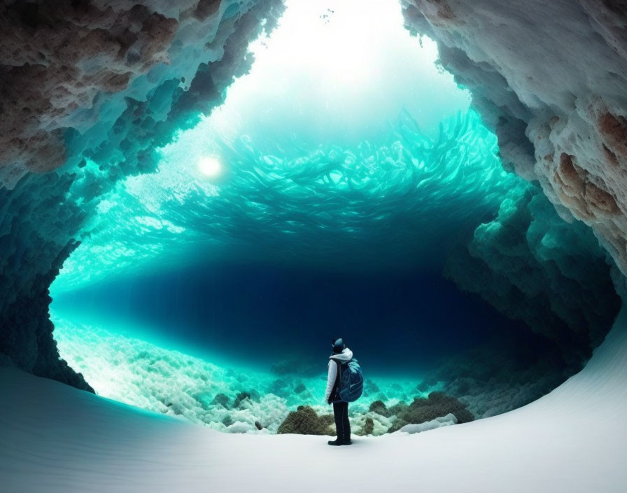 Person at Entrance of Underwater Cave Gazing into Clear Blue Waters