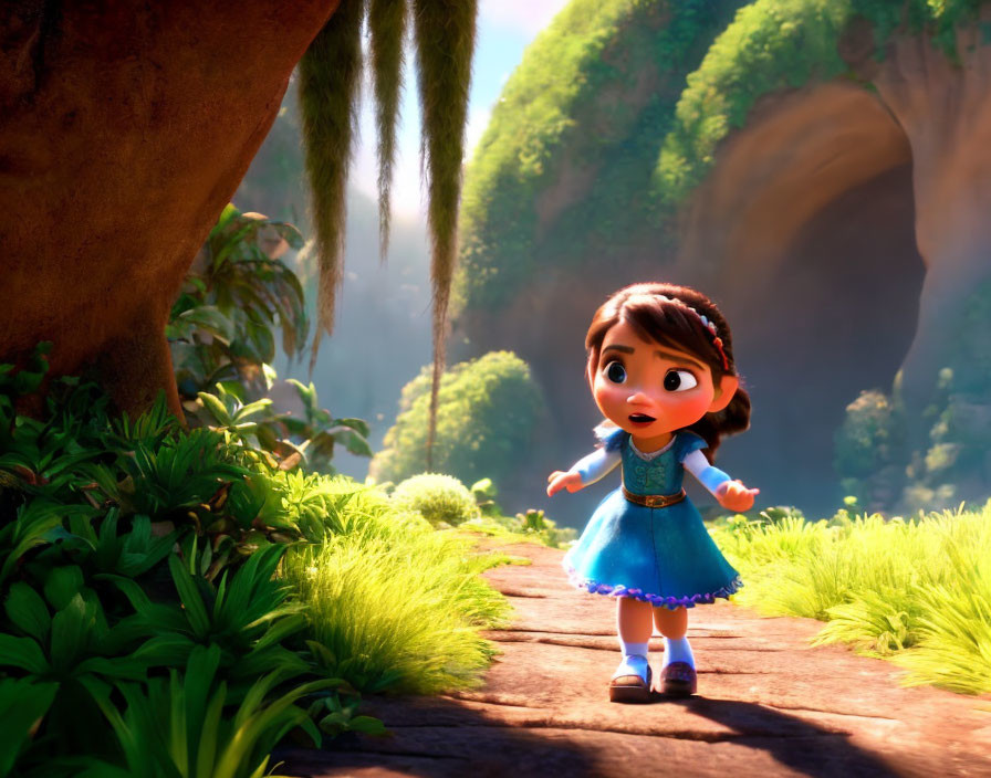 Young animated girl in blue dress walking on stone path in lush greenery with sunbeams.