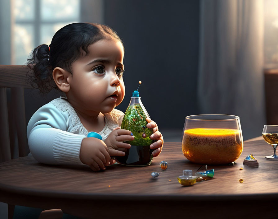 Young child with ponytail gazes at green potion beside spilled candies and glass of orange liquid on table