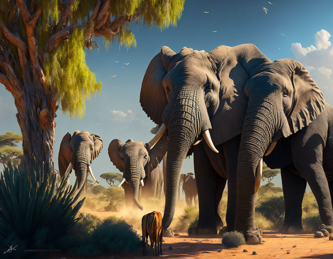 Elephants and Bison in Savanna Landscape