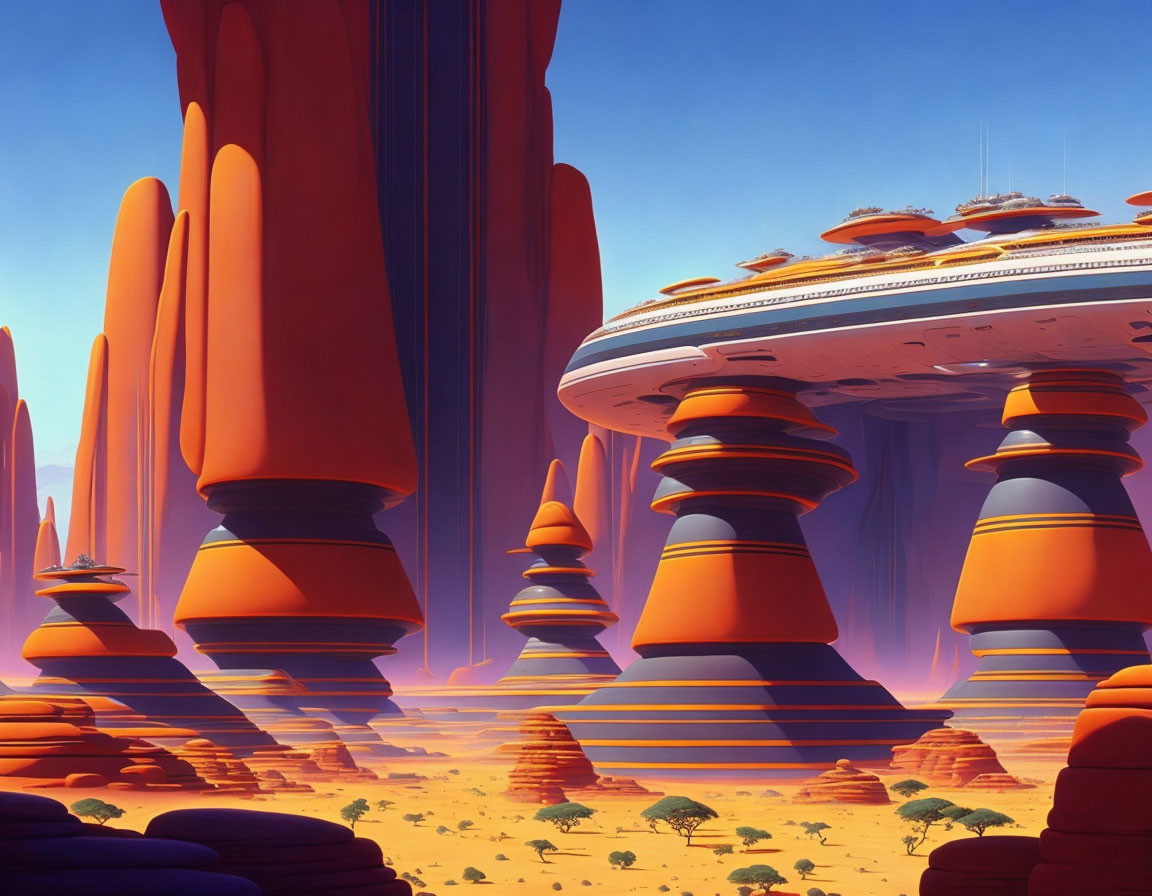 Futuristic cityscape with red rock formations and disc-shaped buildings