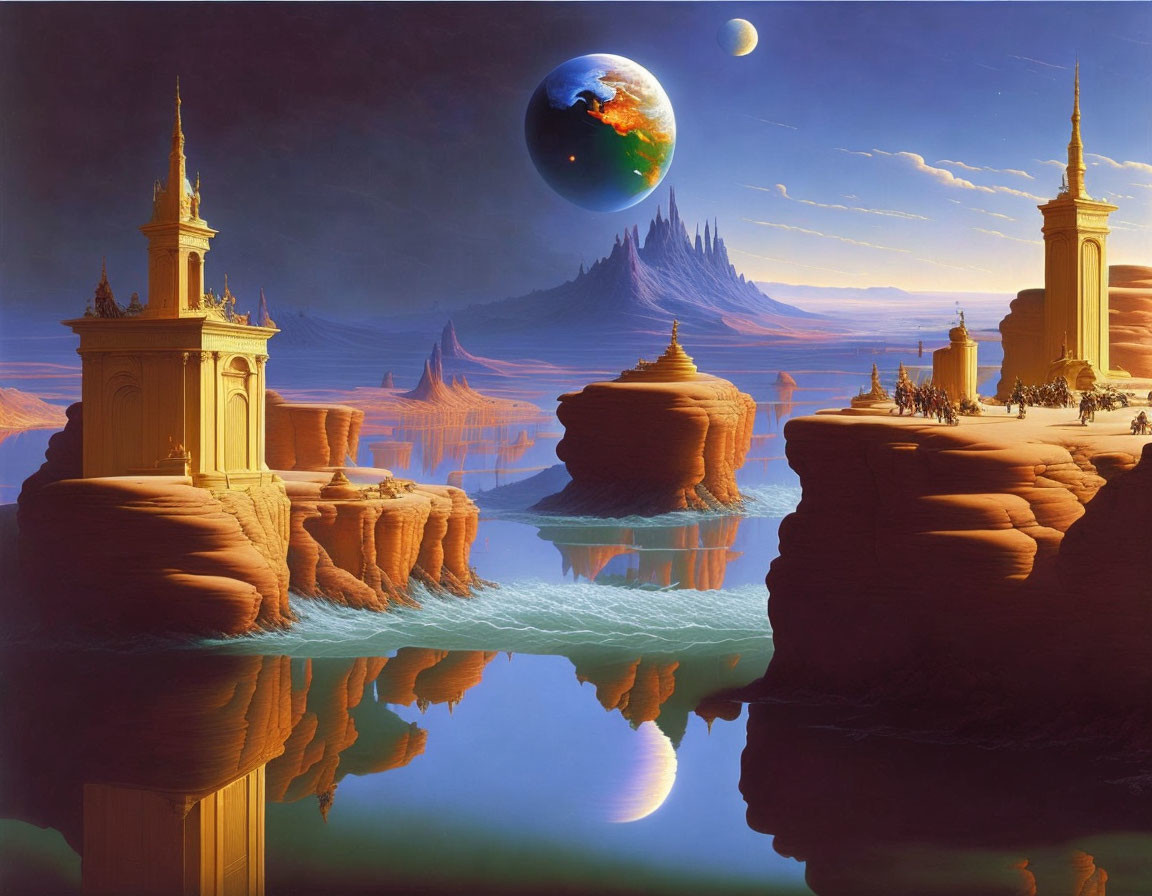 Golden castles on rocky formations by serene water under a sky with a large planet and moons.