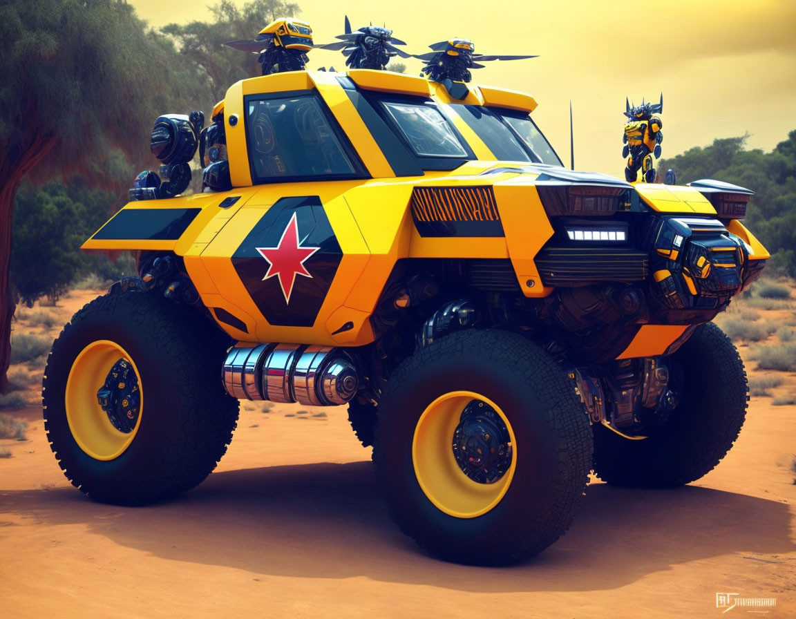 Yellow off-road vehicle with black stripes and red star decal in desert scene with Bumblebee-like