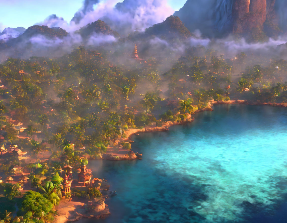 Misty jungle, ancient ruins, turquoise lake, towering mountain landscape.