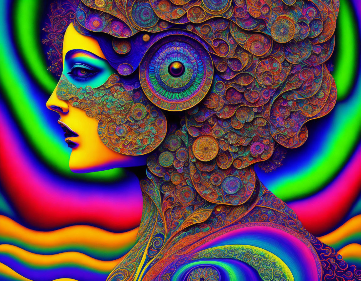 Colorful digital artwork of woman's profile with intricate patterns and psychedelic background