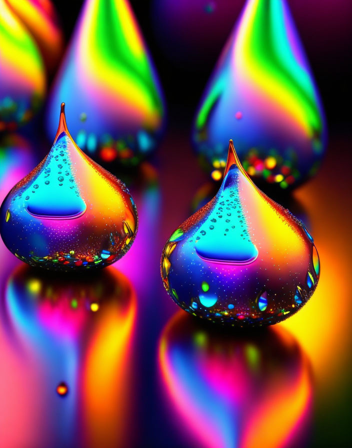 Colorful Water Droplets with Reflective Surfaces on Dark Background