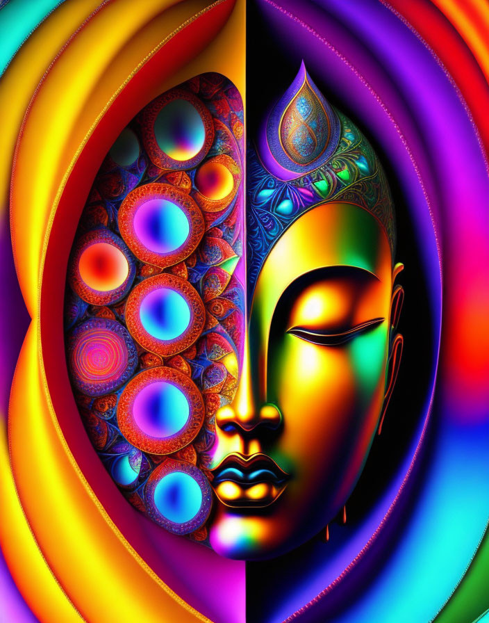 Colorful Digital Artwork: Buddha's Serene Face with Psychedelic Patterns