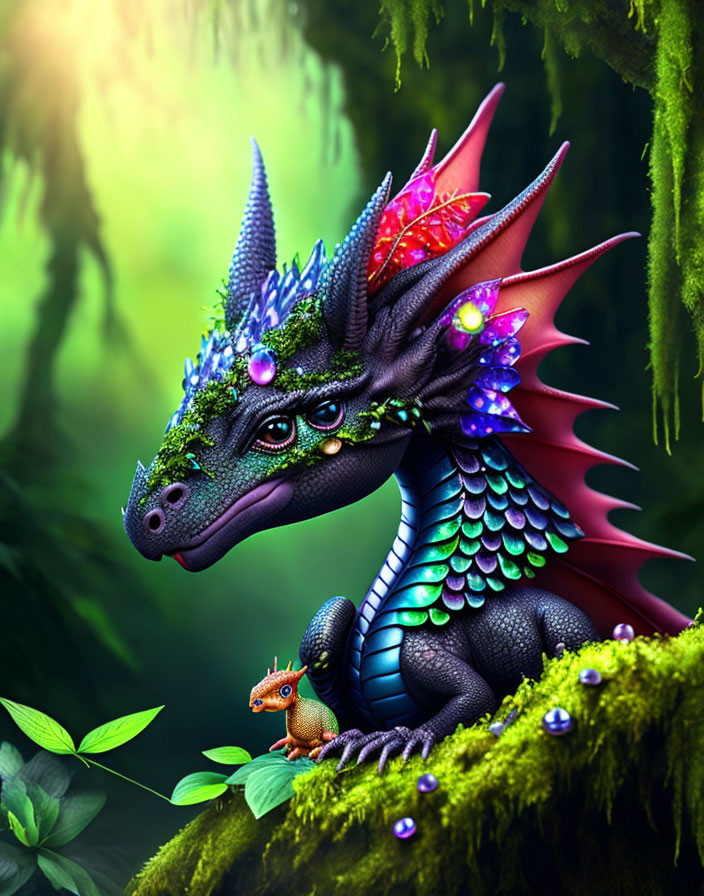 Majestic dragon and gecko in enchanted forest artwork