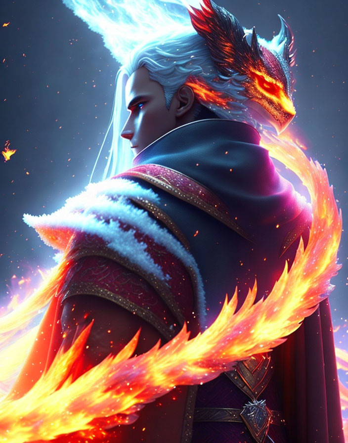 Fantasy character with silver hair, phoenix companion, snow cloak in mystical setting