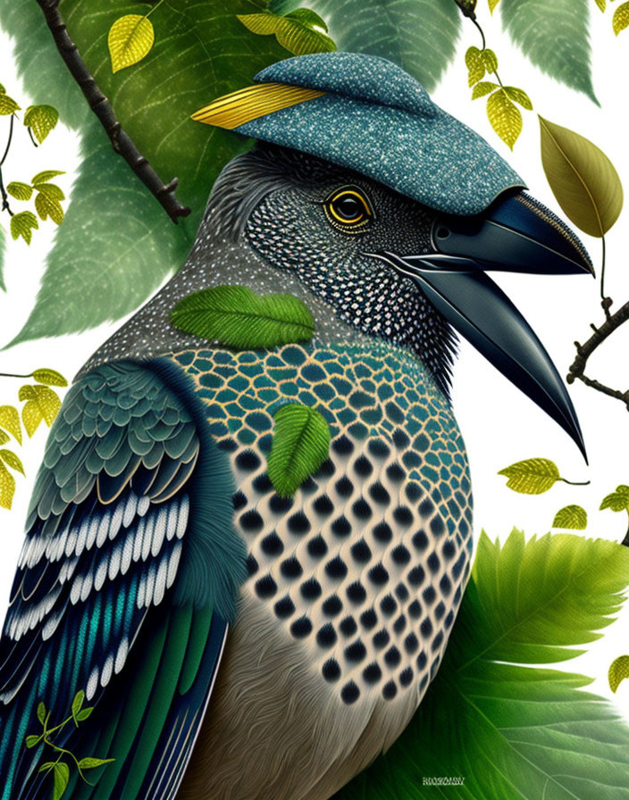 Colorful bird illustration with intricate patterns and lush green leaves