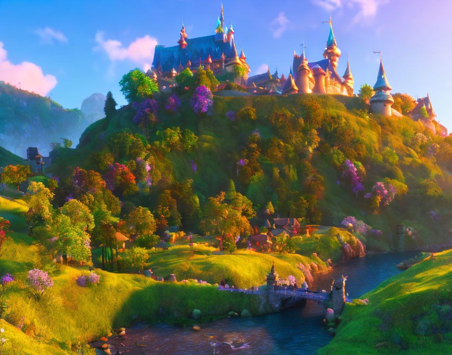 Majestic castle in vibrant fantasy landscape