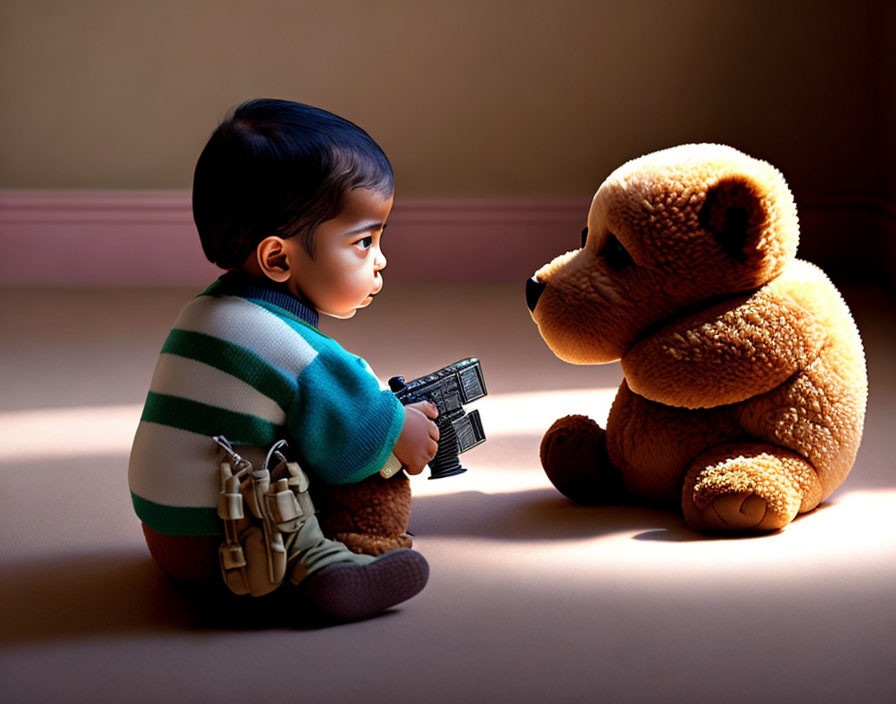 Child with camera and teddy bear in sunlight by window