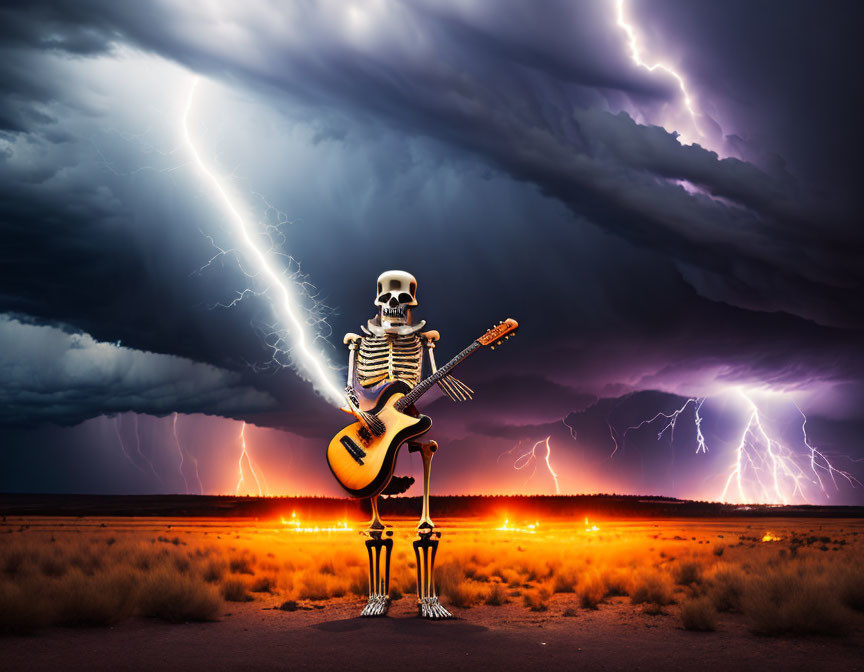 Skeleton playing guitar in desert under stormy sky