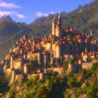 Tranquil fantasy village with cobblestone paths and distant castles at sunrise