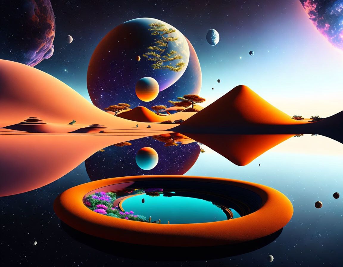 Vibrant orange dunes and floating spheres in surreal landscape