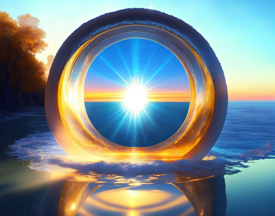 Surreal sunrise through circular frame on icy shore with mirrored reflection.