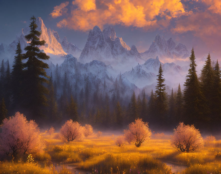 Majestic mountain range at sunrise with pink-flowered trees