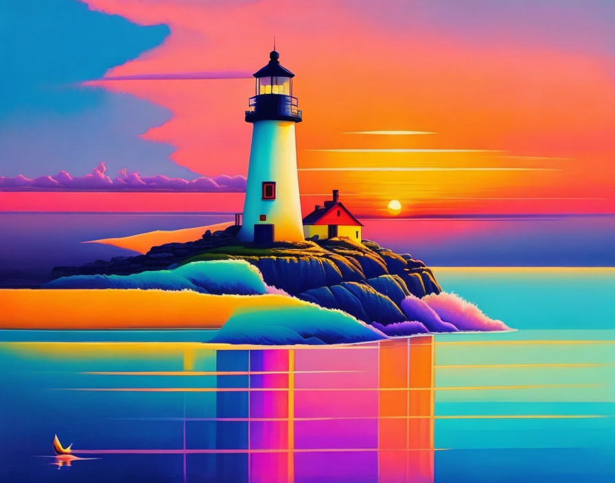 Colorful sunset sky over lighthouse on cliff with crashing waves