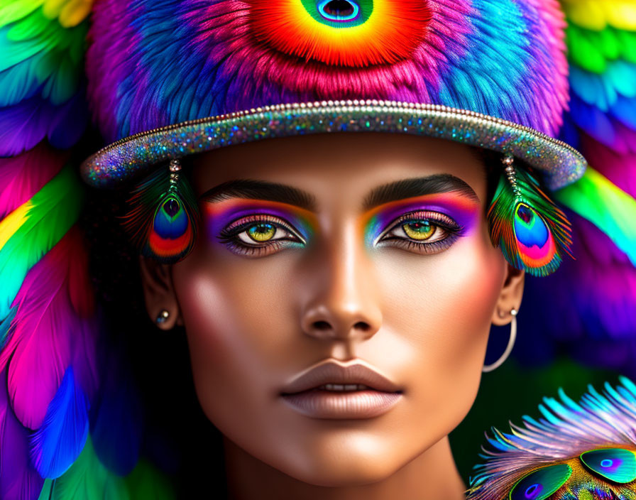 Colorful portrait of woman with multicolored eye makeup and feather accessories