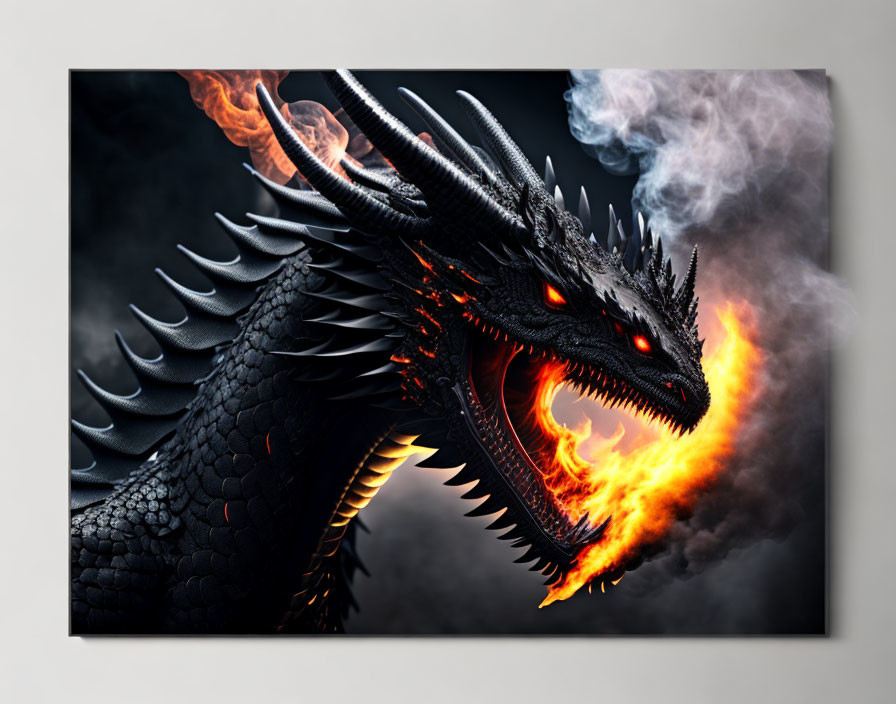 Black Dragon with Glowing Red Eyes Breathing Fire