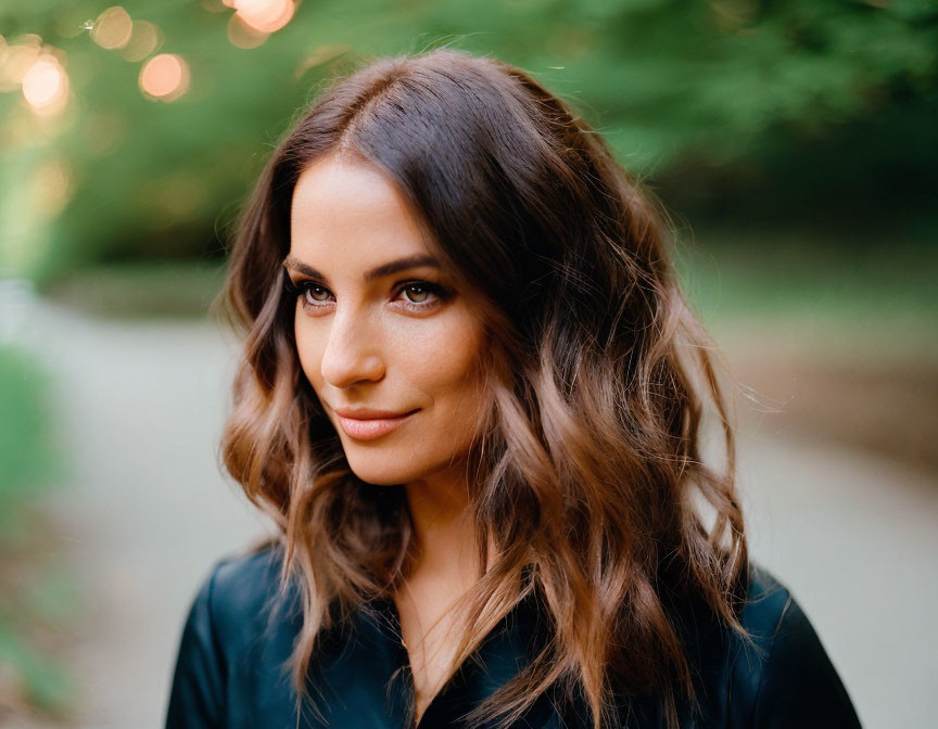 Brunette woman in dark blouse smiling outdoors with greenery and warm lights