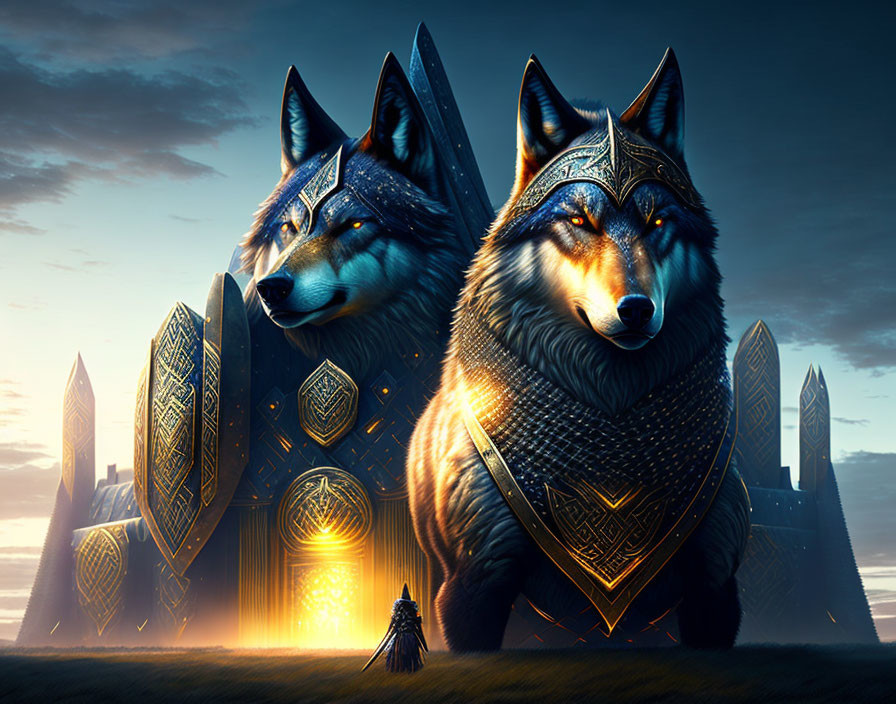 Person standing before two gigantic ornately armored wolf statues at sunset