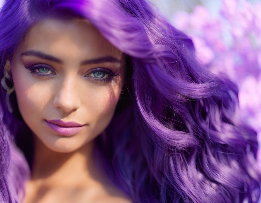 Striking violet hair and blue eyes against purple blooms