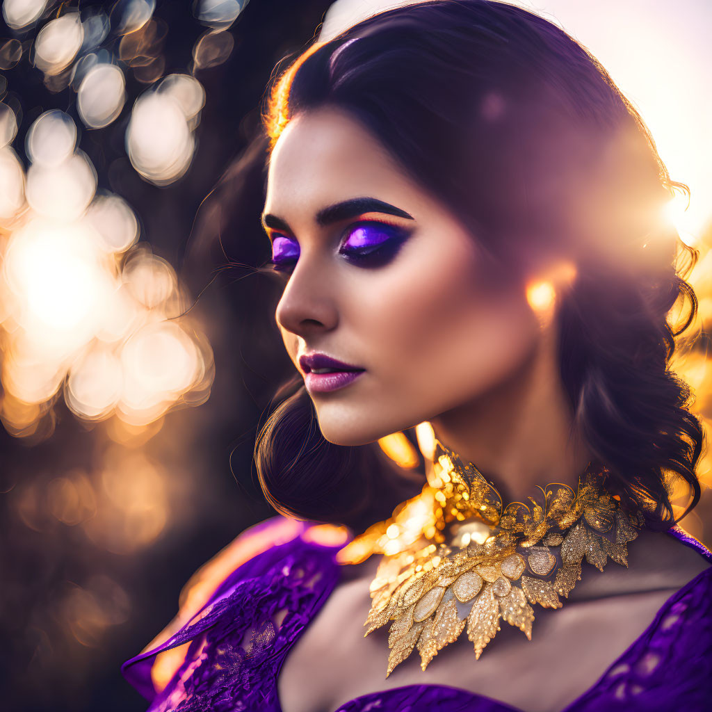 Vivid purple eyeshadow and golden necklace on woman in golden-lit setting