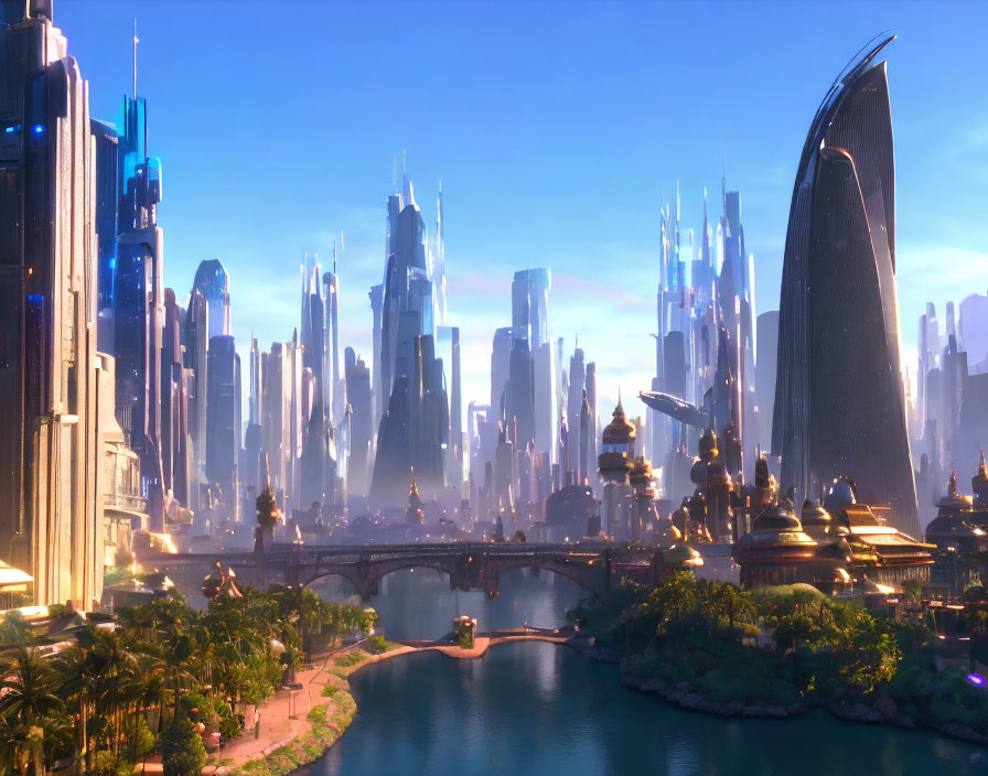 Futuristic sunrise cityscape with skyscrapers, greenery, river & flying vehicles