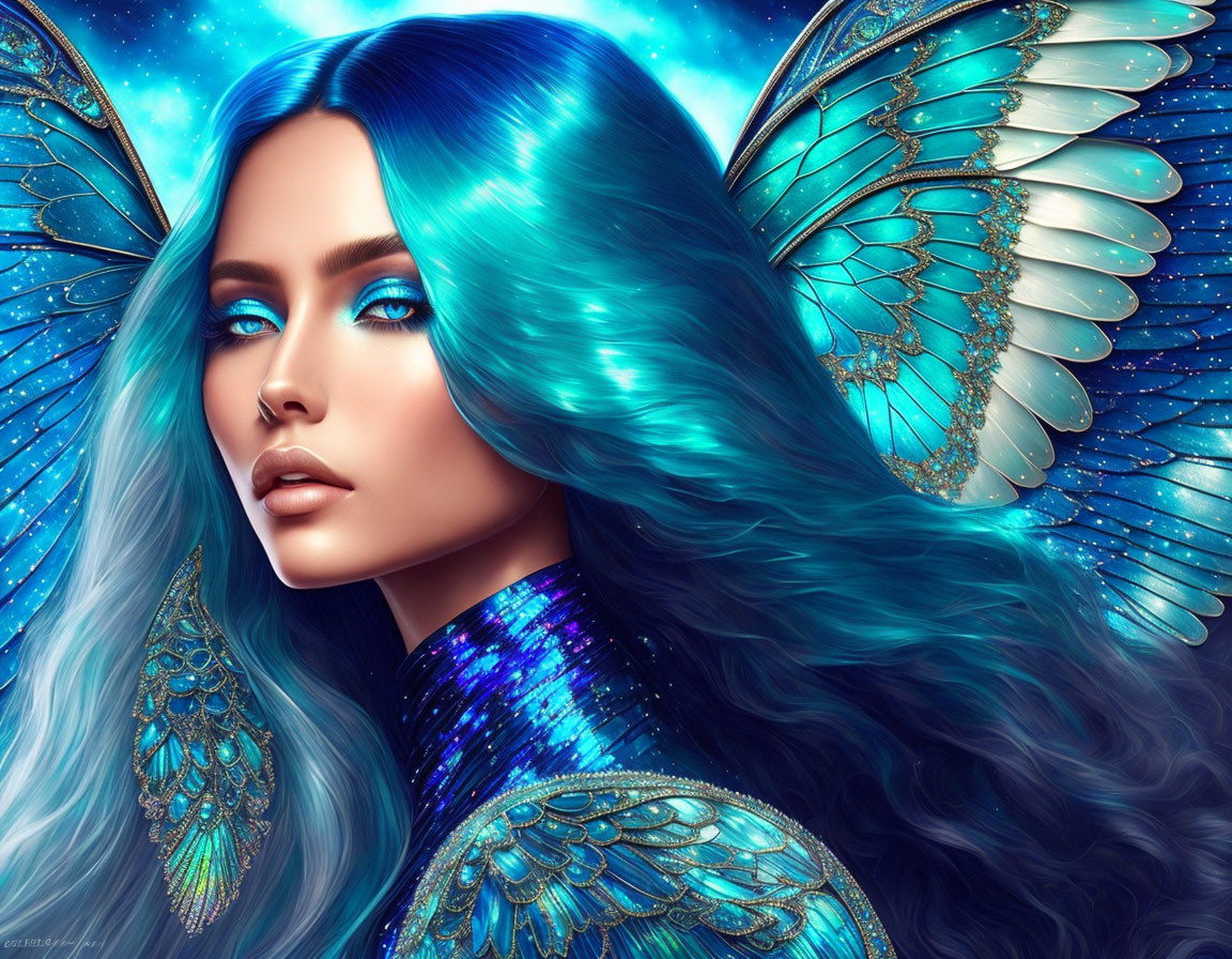 Vibrant Blue Hair Woman with Butterfly Wings in Glittering Attire