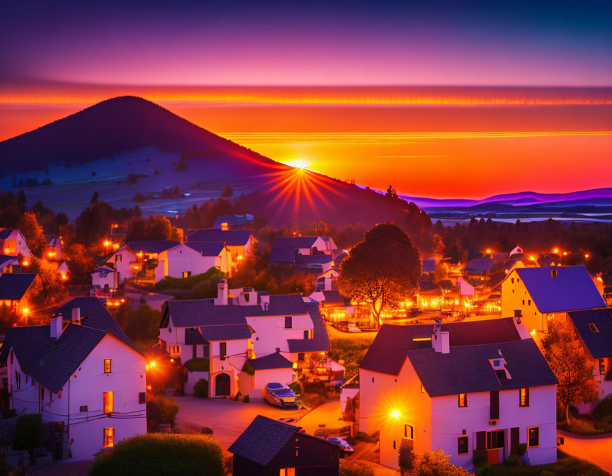 Tranquil village sunset with glowing house lights and purple-orange sky gradient