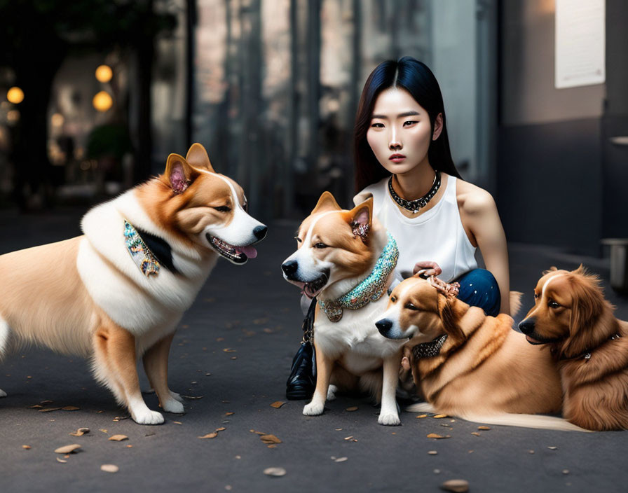 Woman with Three Stylish Dogs on Sidewalk