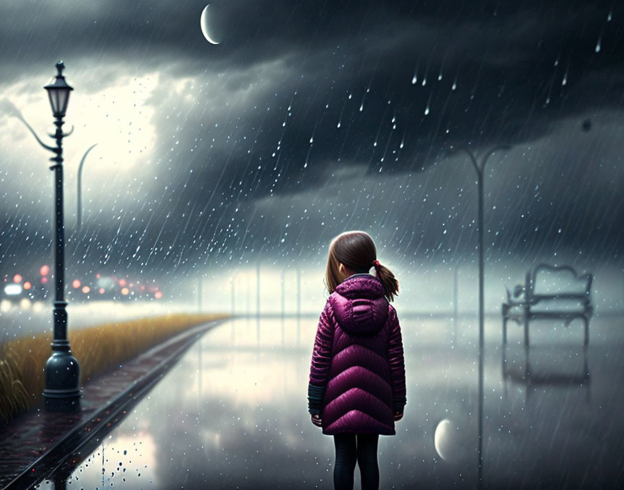 Girl in Purple Jacket Observing Rainy Street at Night