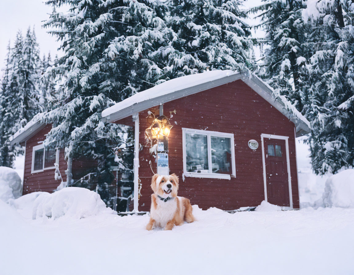 Fluffy dog in snow-covered scene with red cabin and warm light