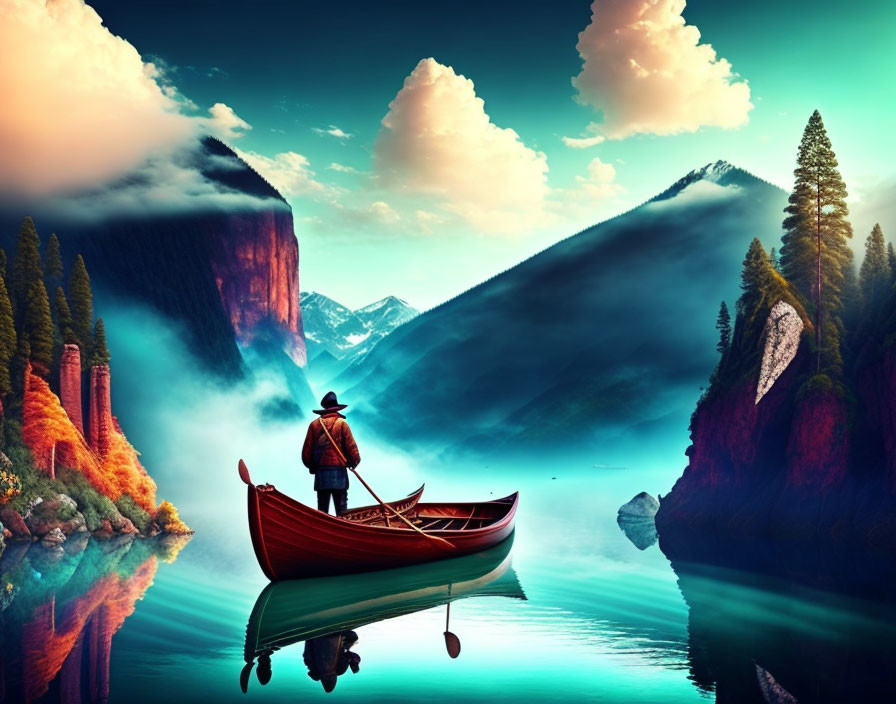 Person in red canoe on calm lake with misty mountains and blue sky