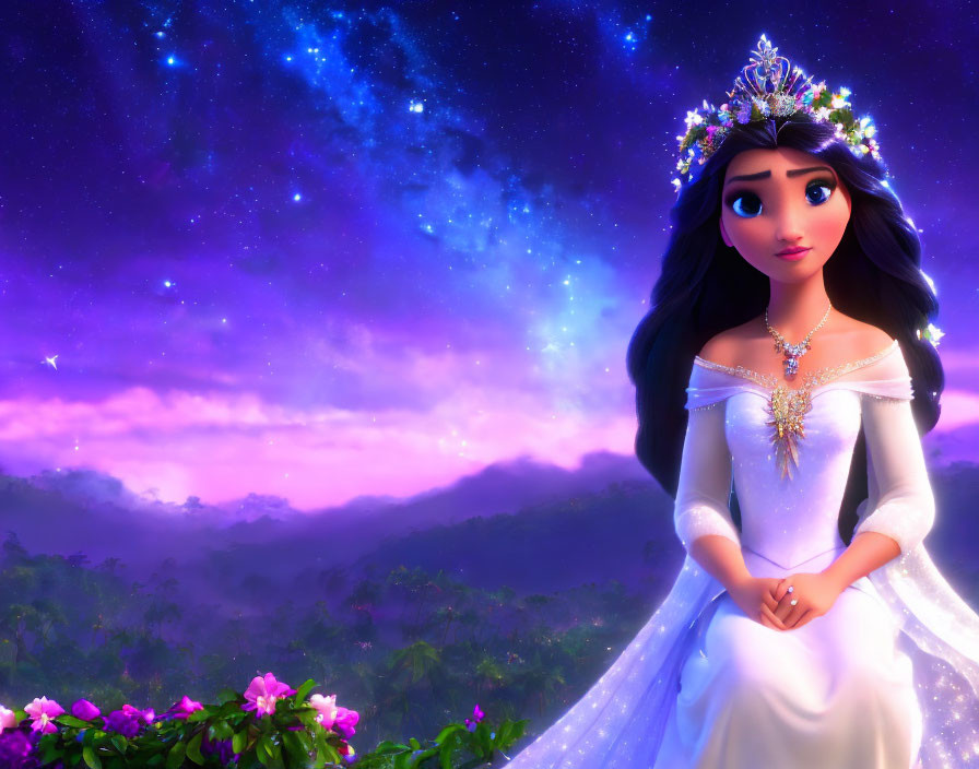 Animated princess with crown in vibrant night sky and purple foliage.